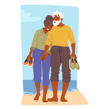 Older Couple Shares A Tender Moment Beside The Sea, Standing Barefoot On The Sand, Holding Hands And Shoesのイラスト素材