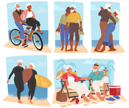Active Senior Couples On Beach, Engaging In Cycling, Walking, Dancing, And Relaxing Activities. Old Characters Show Joyのイラスト素材