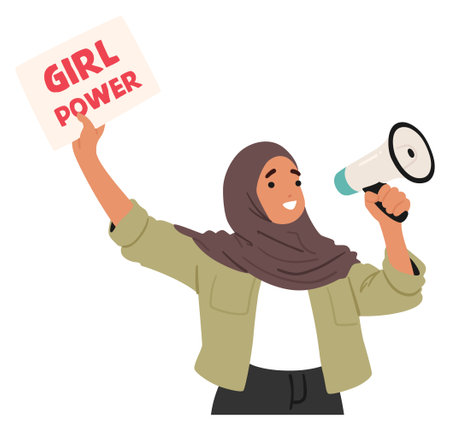 Enthusiastic Young Woman In A Hijab Uplifts A Placard Reading Girl Power While Speaking Through A Megaphone, Vectorのイラスト素材