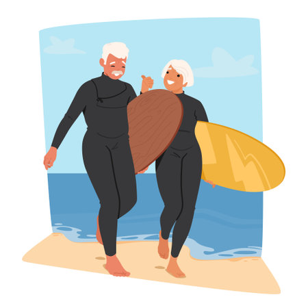 Older Couple In Wetsuits Enjoys The Beach, Smiling While Holding Surfboards. Active Senior Characters Enjoying Sportsのイラスト素材