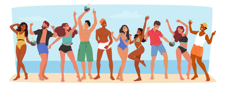 Beach Party Scene Featuring Group Of Friends Characters Dancing And Laughing Together in Energetic, Joyful Atmosphereのイラスト素材