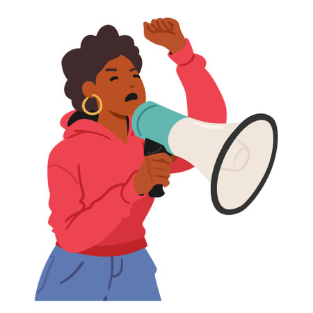 Determined African American Woman Character Using A Megaphone To Voice Her Opinion, Symbolizing Empowerment, Leadershipのイラスト素材