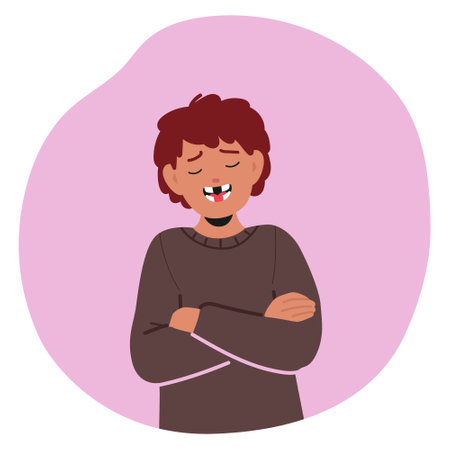 Cheerful Young Boy Character Proudly Shows Off His Missing Milk Tooth, Smiling Broadly, Cartoon Vector Illustrationのイラスト素材