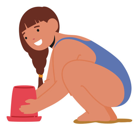 Cheerful Young Girl Character Building A Sandcastle On The Beach. Cartoon Vector Illustration Depicts A Sunny Dayのイラスト素材