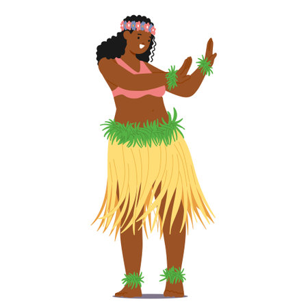Hawaiian Female Dancer Character With Floral Headband And Green Grass Skirt Performing The Traditional Hula Danceのイラスト素材