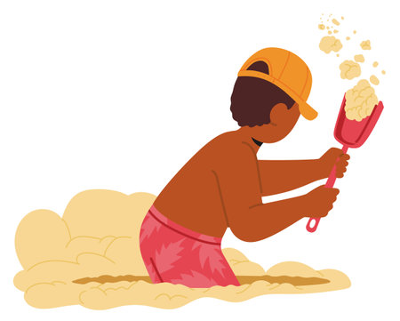 Focused Young Child In A Cap And Swim Shorts Builds A Sand Castle On A Beach, Diligently Shoveling Sand, Vectorのイラスト素材