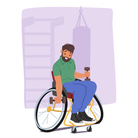Man In Wheelchair Engages In A Strength Training At A Gym, Holding A Dumbbell, Highlights The Importance Of Fitnessのイラスト素材