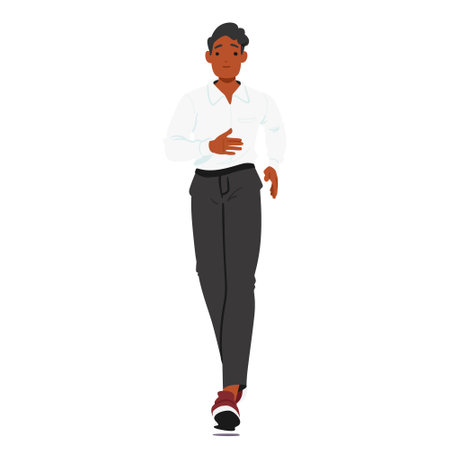 Young Professional Black Male Character Confidently Walking Front View, Dressed In Smart Casual Office Attire, Vectorのイラスト素材