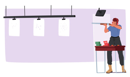 Focused Man Practicing Shooting At Indoor Range. Male Character In Ear Protection Stands Confidently, Aiming A Rifleのイラスト素材