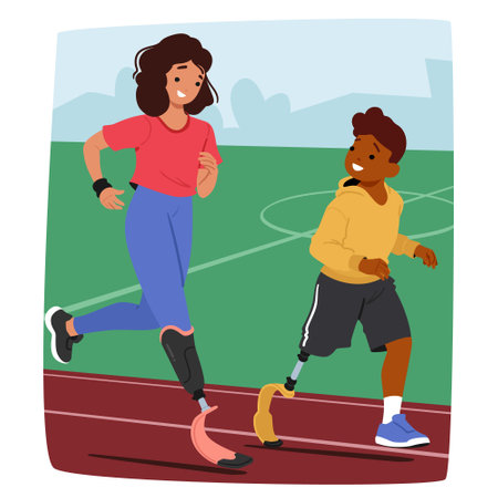Two Young Kid Athletes With Prosthetics Legs Actively Engaged In A Running Session On A Sports Track, Vector Conceptのイラスト素材