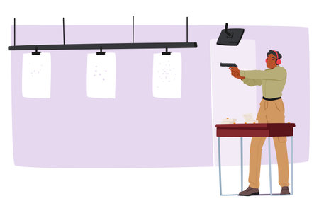 Young Adult Male Character Practicing Shooting Skills At Indoor Gun Range. Man Aiming A Pistol At A Target, Vector Sceneのイラスト素材