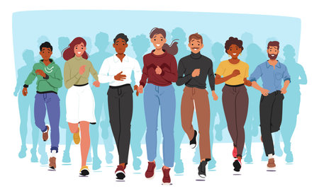 Diverse Group Of Happy Characters Running In Casual Attire, Front View. Concept Of Diversity, Friendship And Sportsのイラスト素材