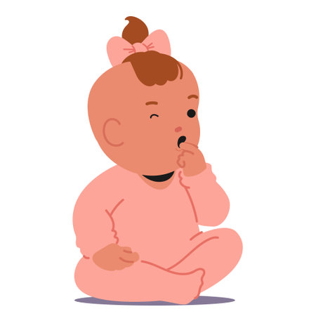 Cute Baby Girl In Pink Outfit Sitting On The Ground And Sucking Her Thumb With Curious Or Thoughtful Facial Expressionのイラスト素材