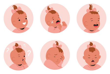 Set Of Cute Baby Girl Different Emotions. Child Displaying Expressions Such As Happiness, Crying, Laughter, Curiosityのイラスト素材