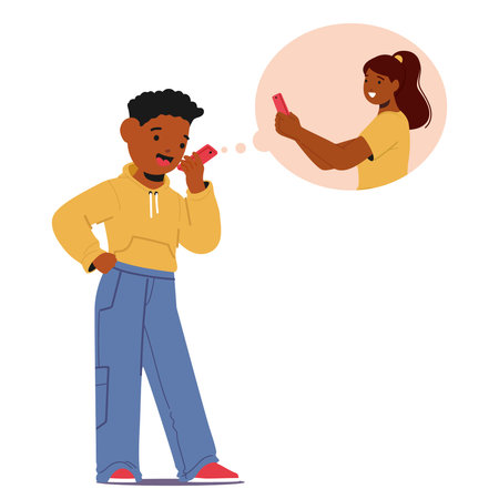 Boy Talking On The Phone With A Friend, Depicting Communication, Friendship, And Connection, Vector...