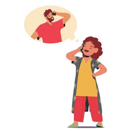 Happy Child Talking On The Phone While Imagining A Conversation With Father Or Adult Friend, Cartoon...