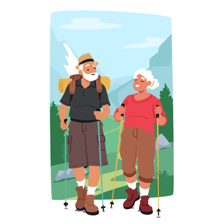 Elderly Couple Characters Engaging In Nordic Walking Activities. Happy And Energetic People Enjoying Hikeのイラスト素材