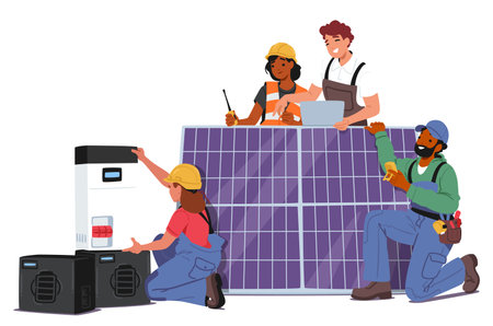 Team Of Engineers And Technicians Working Together To Install Solar Panels On Rooftop. Characters Demonstrating Teamworkのイラスト素材