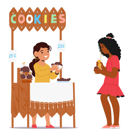 Two Children Interact At A Cookie Stand, With One Selling Cookies And The Other Buying And Drinking Lemonadeのイラスト素材