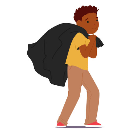 Cheerful Child Dragging Black Sack, Young Boy With Short Curly, Dressed In A Yellow Shirt, Beige Pants And Red Shoesのイラスト素材