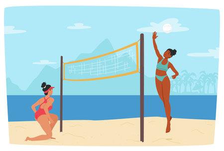 Two Women Enjoying A Game Of Beach Volleyball On A Sunny Day By The Sea. One Is Preparing To Return The Ballのイラスト素材