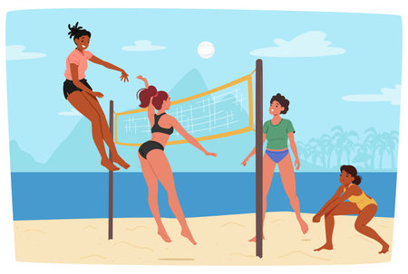 Four Women Characters Playing Beach Volleyball By The Seaside On A Sunny Day. Cartoon Vector Scene Captures The Energyのイラスト素材