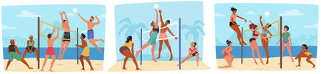 Group Of Young Characters Enjoys A Lively Game Of Beach Volleyball Under The Clear Sky. Cartoon Vector Illustrationのイラスト素材