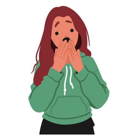 Cartoon Young Woman With A Shocked Expression. Vector Illustration Conveys Emotions Of Surprise, Fear And Anxietyのイラスト素材