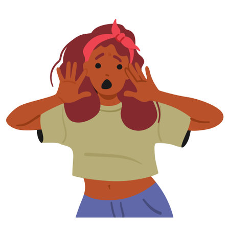 Cartoon Illustration Of Young Female Character With An Expression Of Shock, Anxiety And Fear. Woman With Hands On Faceのイラスト素材