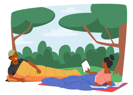 Two Friends Camping Outdoors In Sleeping Bags, Enjoying The Natural Surroundings. One Person Is Readingのイラスト素材