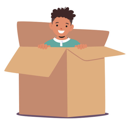 Happy Cartoon Child Demonstrating Prepositions Of Place By Standing Inside A Large Cardboard Box, Vector Illustrationのイラスト素材