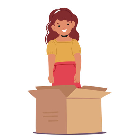 Child Standing Behind Of Cardboard Box. Child Smiling And Appears To Be Having Fun, Demonstrating Prepositions Of Placeのイラスト素材