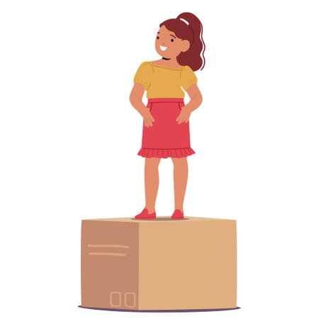 Cheerful Cartoon Girl Standing On A Box. Character Appears Happy And Playful, Conveying A Sense Of Lightheartednessのイラスト素材