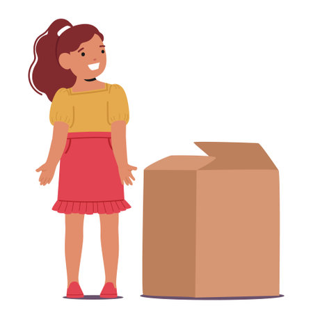Smiling Cartoon Girl Character Demonstrating Prepositions Of Place Standing To The Left Of Large Cardboard Boxのイラスト素材