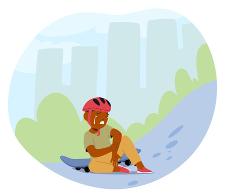 Cartoon Vector Illustration Of Young Kid Crying And Holding Injured Knee After Falling Off A Skateboard In An Urban Parkのイラスト素材