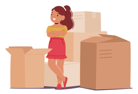 Young Girl Standing Next To Several Cardboard Boxes. Vector Image Conveys A Sense Of Accomplishment, Relocationのイラスト素材