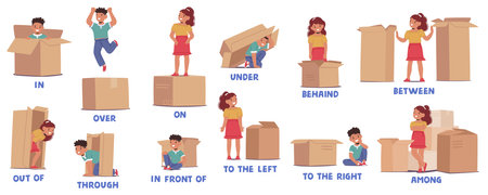Cute Cartoon Kids Demonstrating English Prepositions Of Place Using Boxes. Educational Vector Illustrationのイラスト素材