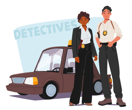 Cartoon Male And Female Detective Standing Confidently By A Police Car. Characters Wear Badges And Professional Attireのイラスト素材