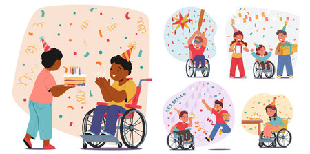 Joyful Birthday Party Featuring Children, Including Those In Wheelchairs, Celebrating With Cake, Gifts And Decorationsのイラスト素材