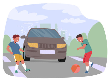 Children Playing With A Ball Near A Road While A Car Approaches, Emphasizing The Importance Of Traffic Safetyのイラスト素材