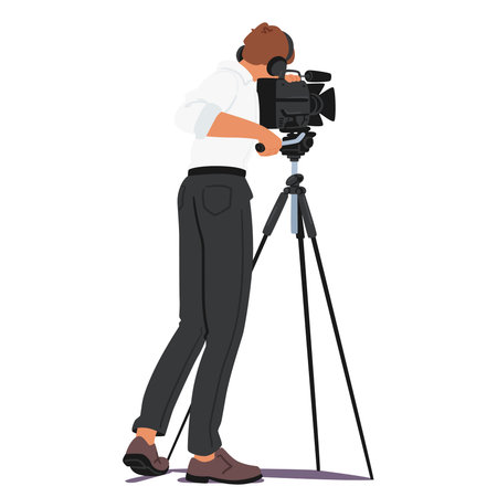 Cameraman Using Professional Video Camera Mounted On A Tripod. Male Figure Is Wearing Casual...