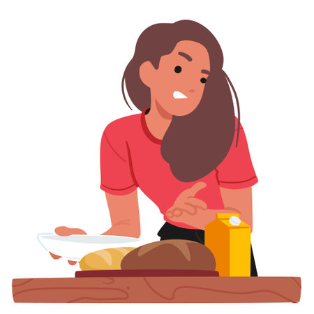 Woman Character Preparing Breakfast, Featuring Freshly Baked Bread And A Juice Carton On A Wooden Counterのイラスト素材