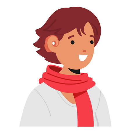 Smiling Boy Wearing A Hearing Aid And A Red Scarf. Character Promoting Hearing Accessibility And Cheerful Vibesのイラスト素材