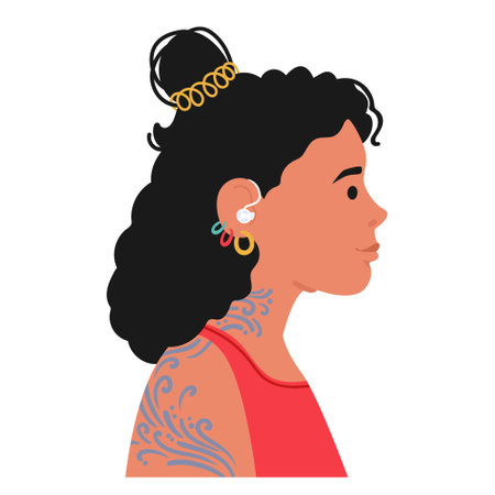Woman In Profile View With A Hearing Aid And Decorative Tattoos. Female Character Is Styled With Curly Hair, Earringsのイラスト素材