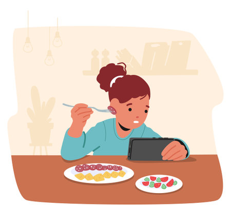 Child Engrossed In Gadget While Eating At The Dining Table. Image Showcases Modern Challenge Of Balancing Screen Timeのイラスト素材