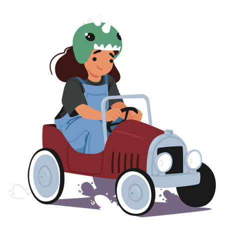 Girl In A Dinosaur Helmet Rides A Vintage Pedal Car. Little Kid Character Showcasing A Blend Of Old-fashioned Charmのイラスト素材