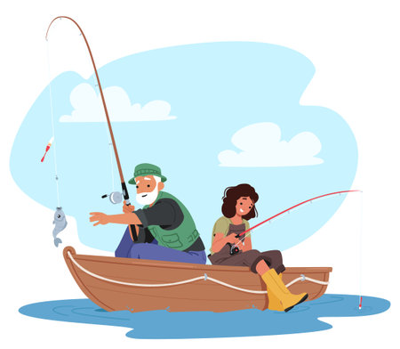 Elderly Man And Young Girl Engage In Fishing From A Small Boat, Focusing Intently On Their Fishing Rodsのイラスト素材