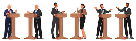 Diverse Group Of Politicians Passionately Debating On Public Stage. Multiracial Male Female Characters Speakingのイラスト素材