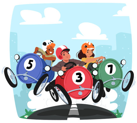 Joyful Race Scene With Three Children In Colorful Pedal Cars Numbered 5, 3 And 7, Showcasing Vibrant Actionのイラスト素材