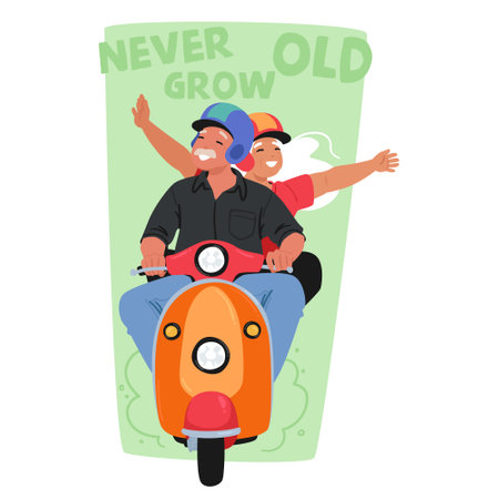 Happy Older Couple Enjoying A Fun Scooter Ride With Smiles And Carefree Expressions. Concept Of Never Growing Oldのイラスト素材